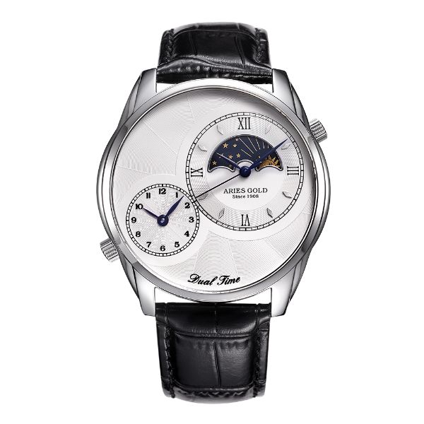 ARIES GOLD CONTINENTAL SILVER STAINLESS STEEL G 1004 S-W LEATHER STRAP MEN'S WATCH